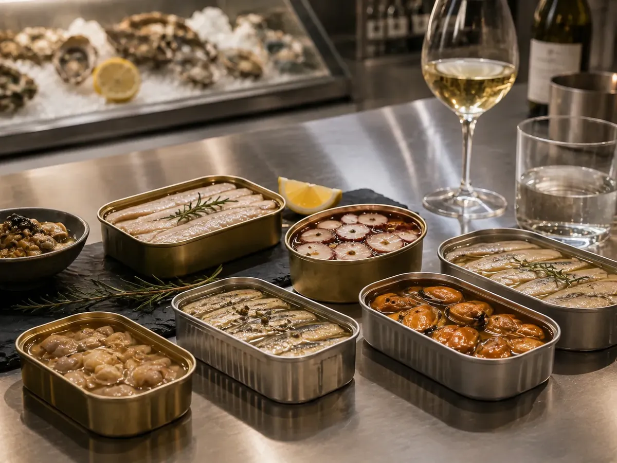 Selección de conservas gourmet en lata: mejillones, sardinillas y ventresca sobre pizarra