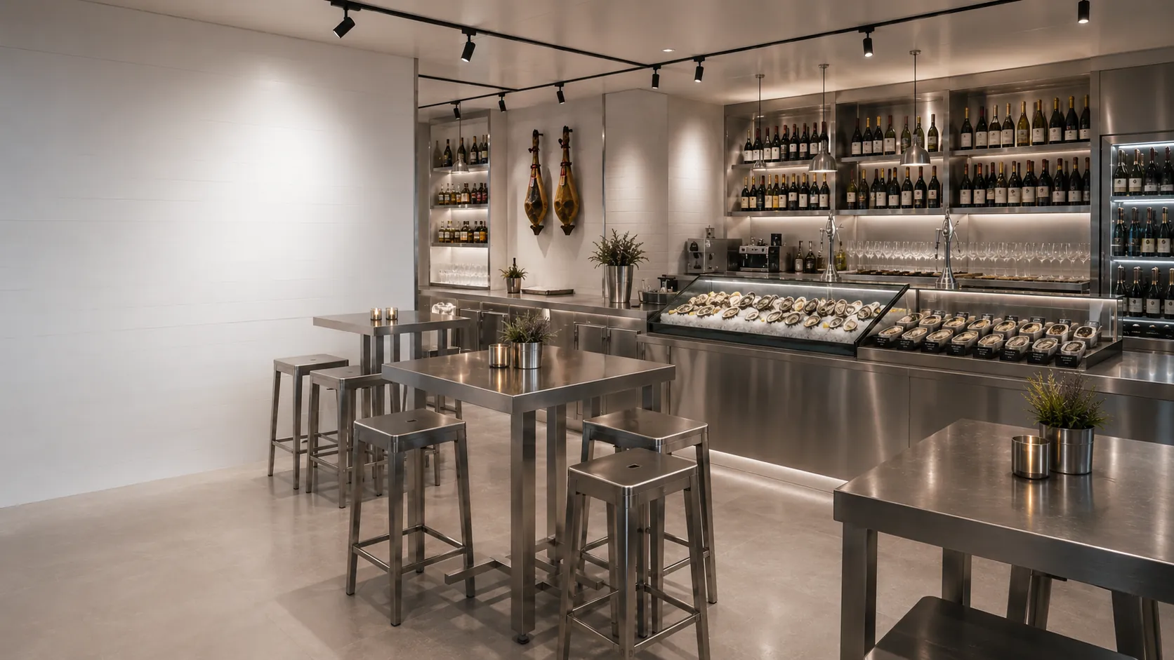 Interior de CUARTO FRÍO con barra de acero, jamones colgados y bodega iluminada