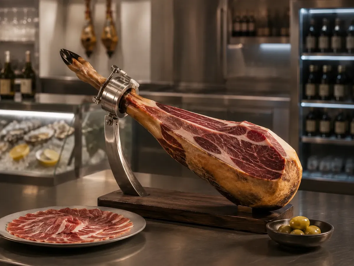 Pata de jamón ibérico en soporte de acero con plato de lonchas recién cortadas