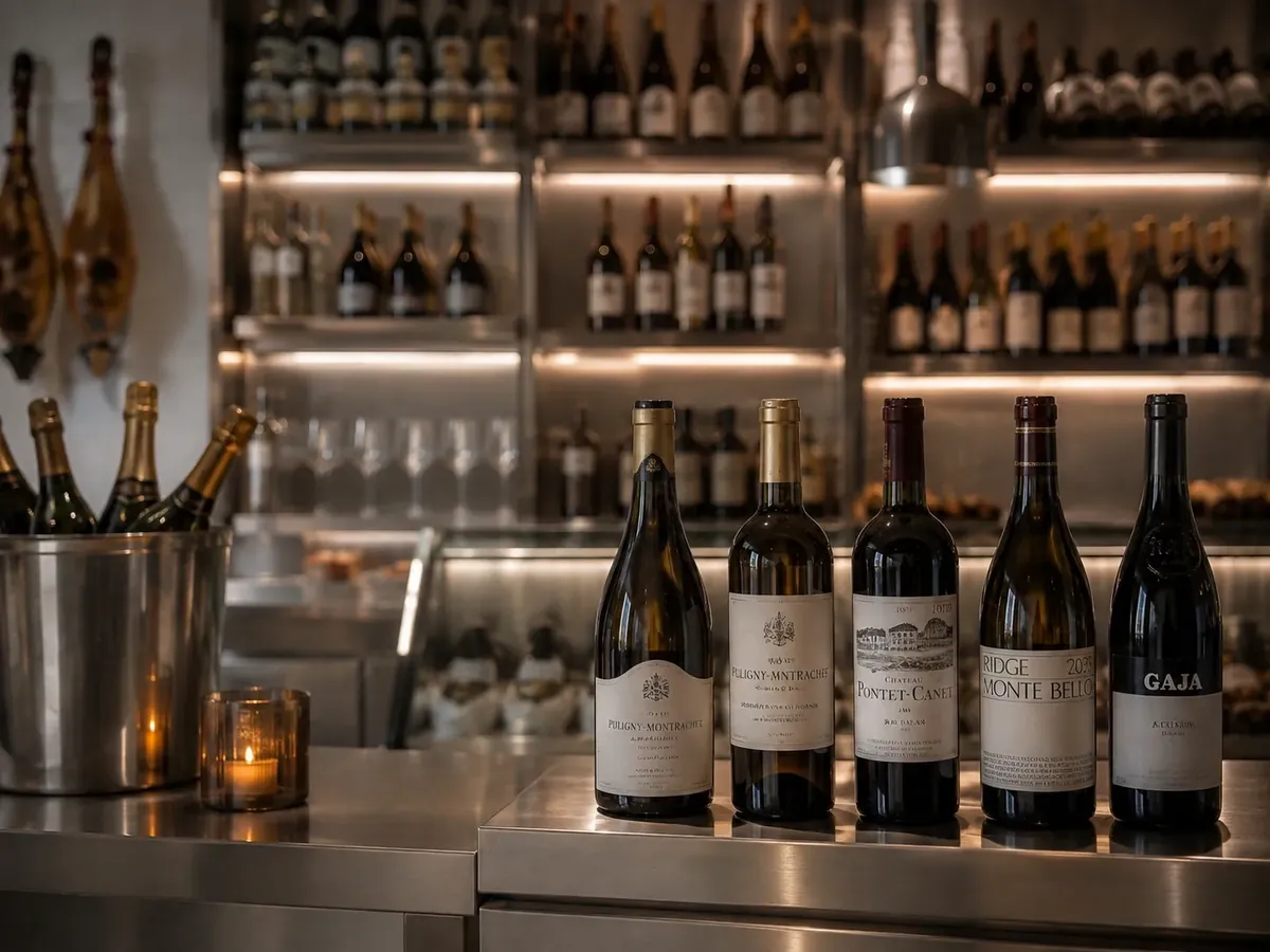 Selección de vinos blancos y tintos sobre barra de acero con cubitera